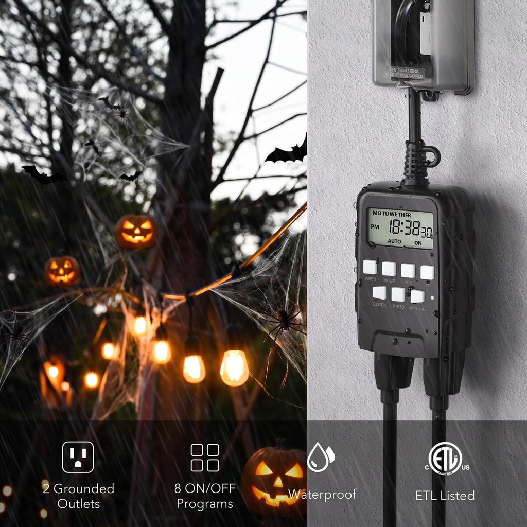 Outdoor 7-Day Programmable Timer Outlet, 2 Outlets