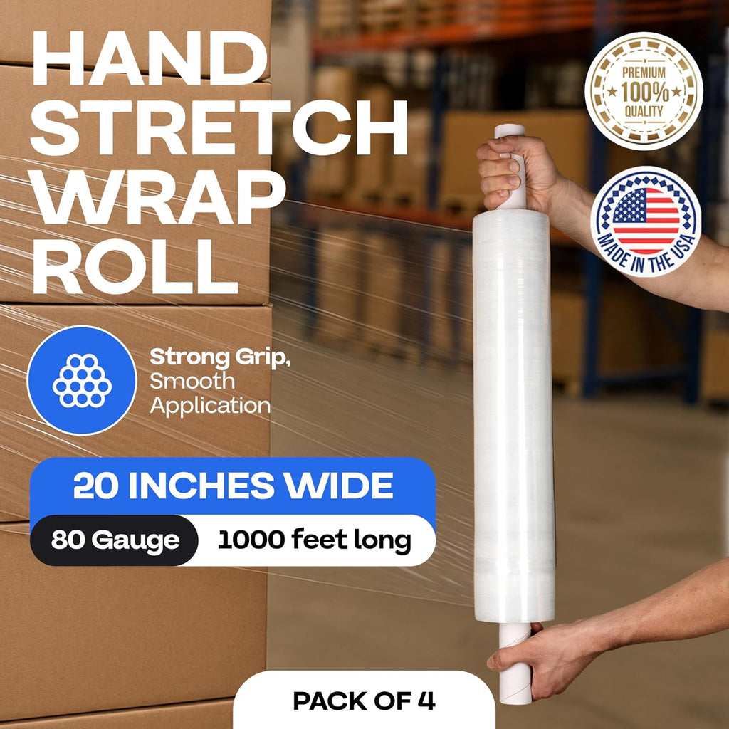20" x 1000' 80G Hand Stretch Wrap Rolls with Handles, 4-Pack
