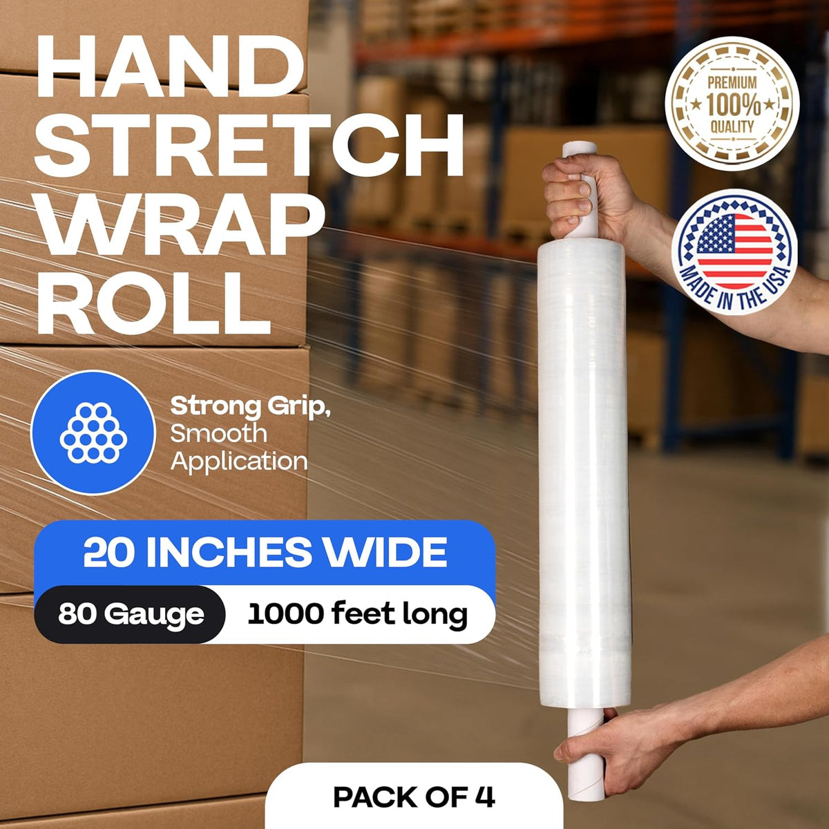 20" x 1000' 80G Hand Stretch Wrap Rolls with Handles, 4-Pack