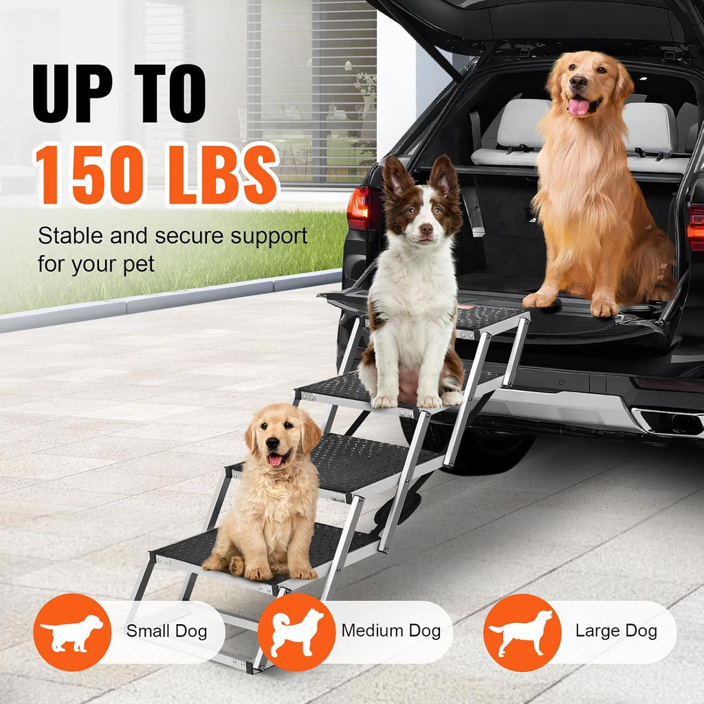 4-Step Dog Car Steps, Folding Dog Ramp with Nonslip Surface, Portable Pet Steps in Aluminum for Car, SUV and Truck