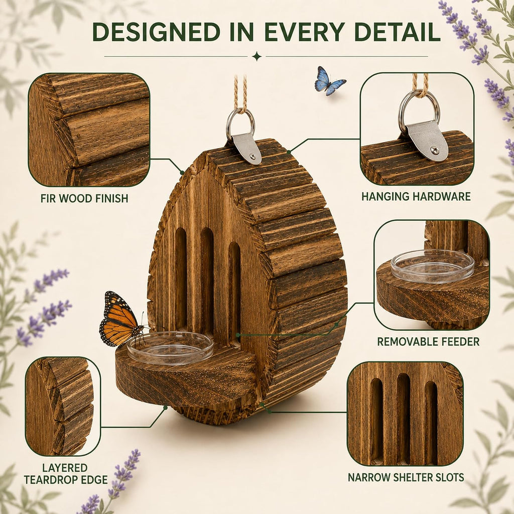 Wood Butterfly House for Outside Teardrop Habitat with Removable Feeder