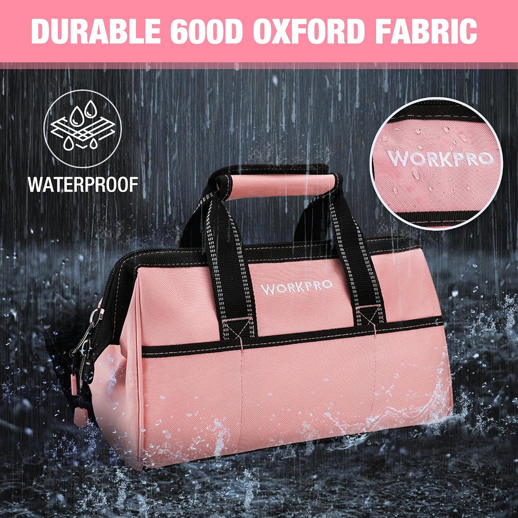 13-Inch Tool Bag, Pink Soft Cloth Tool Storage Bags, Wide Mouth Tool Tote Bag with Inside Pockets - Pink Ribbon