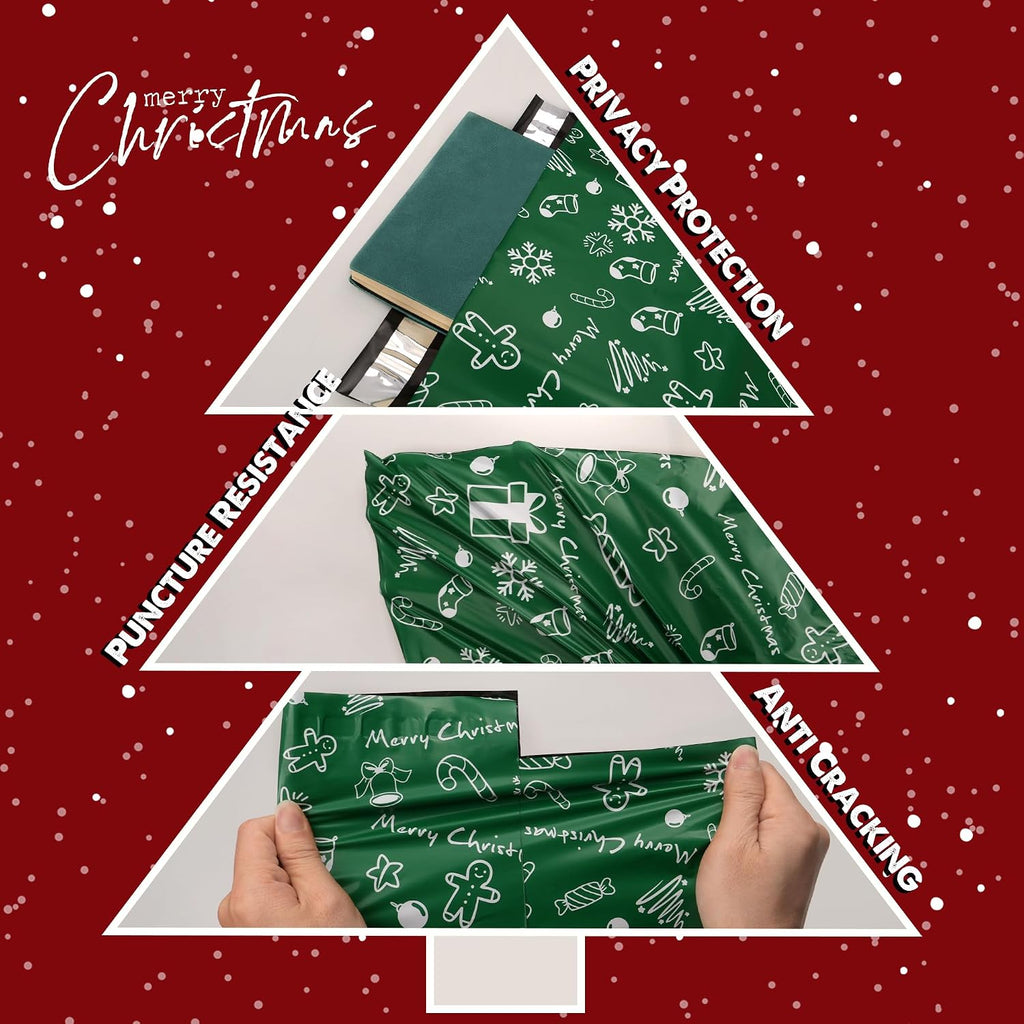 Christmas Poly Mailers 6x9 Inch 100 Pcs, Green Merry Christmas