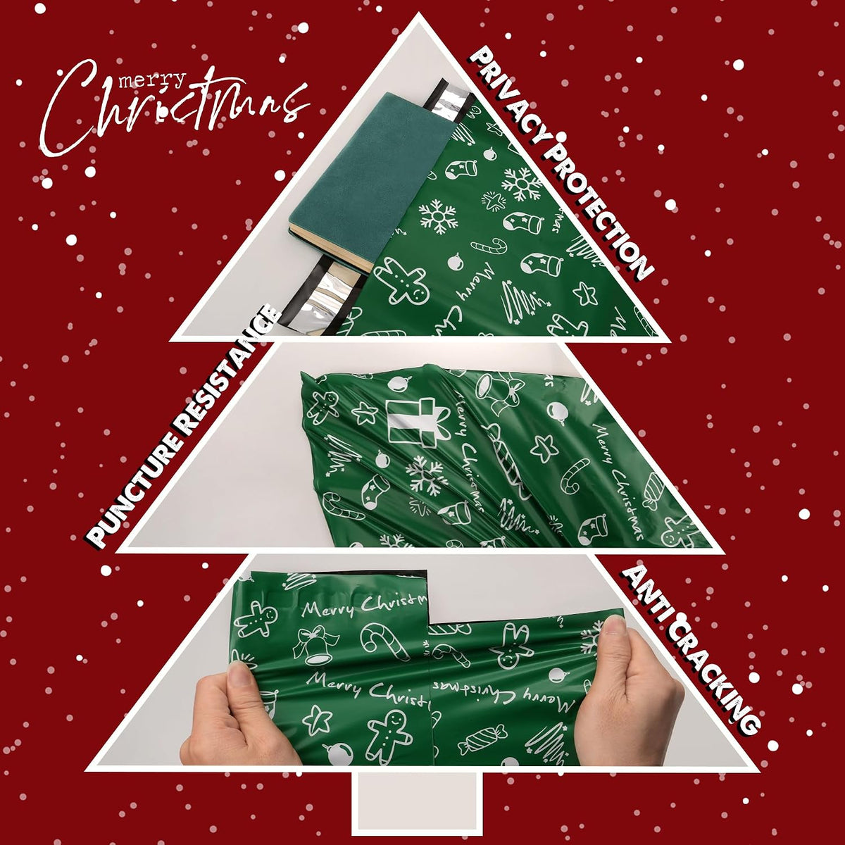 Christmas Poly Mailers 6x9 Inch 100 Pcs, Green Merry Christmas