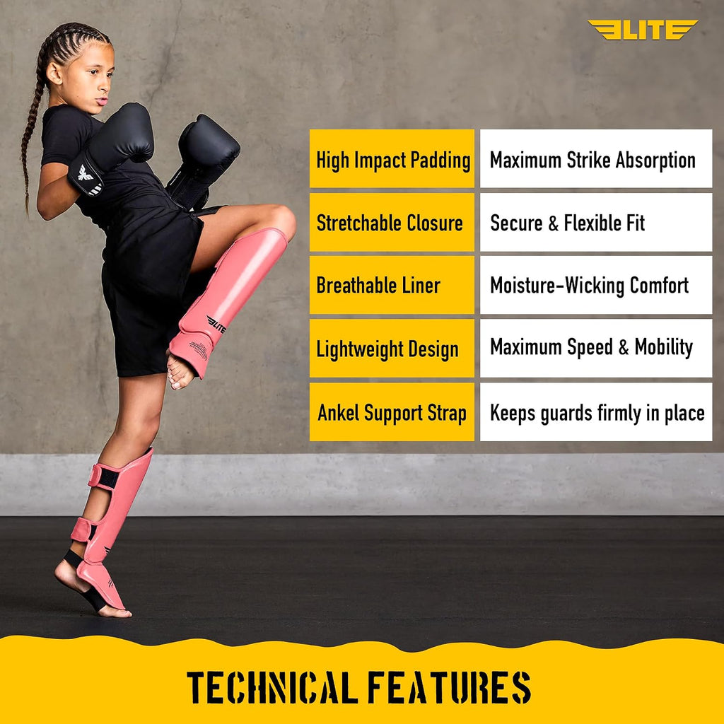 Muay Thai MMA Kickboxing Boys and Girls Shin Guards for Age 4 to 14 Years, Instep Guard Sparring Protective Leg Shin