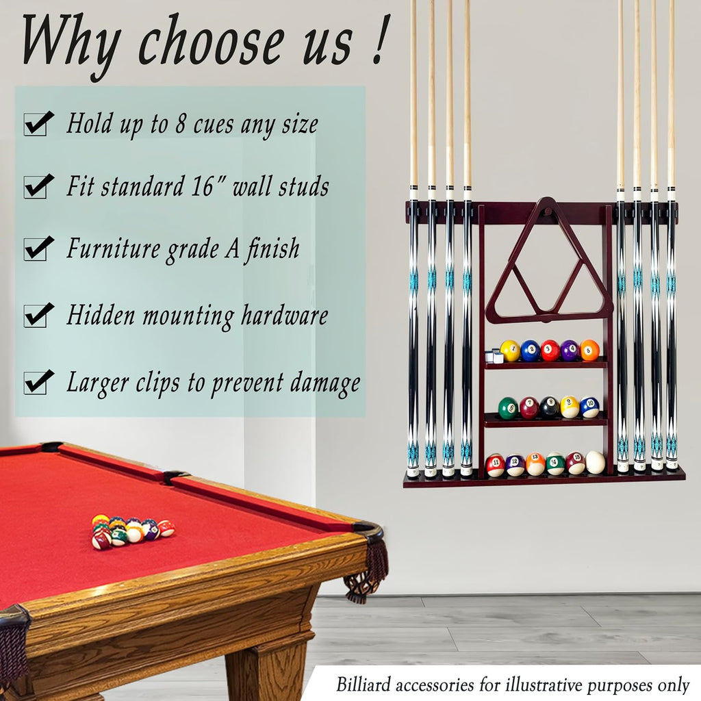 Wall Mount Pool Cue Stick Holder Hold 8 Cues, Pool Stick Holder, Billiard Cue Rack For Pool Table Accessories. Pool
