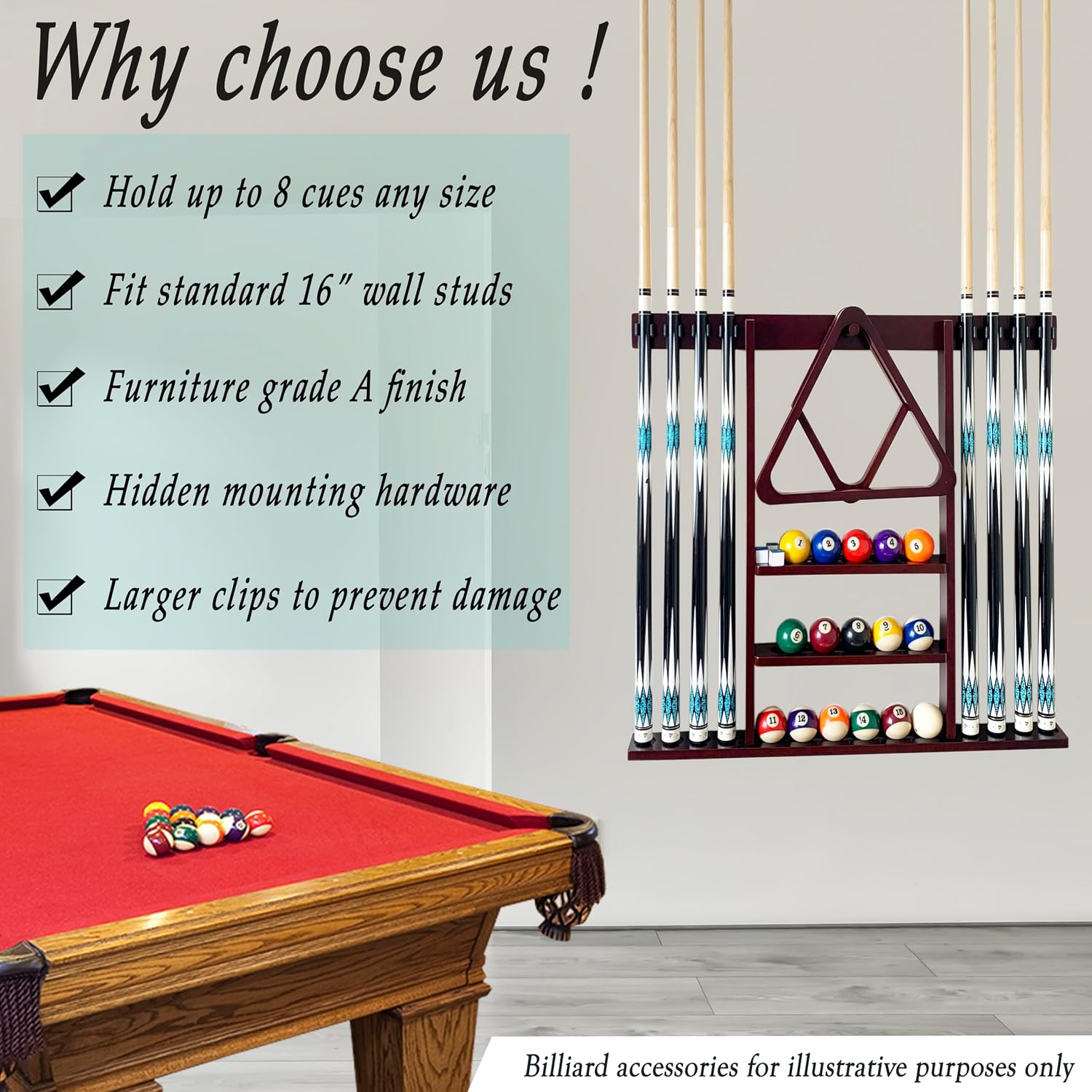 Wall Mount Pool Cue Stick Holder Hold 8 Cues, Pool Stick Holder, Billiard Cue Rack For Pool Table Accessories. Pool