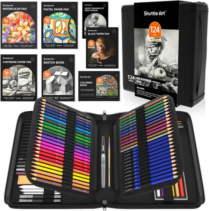 124 PCS Drawing Kit, Professional Drawing Supplies with Sketch, Charcoal, Colored, Graphite, Pastel Pencils & Sticks