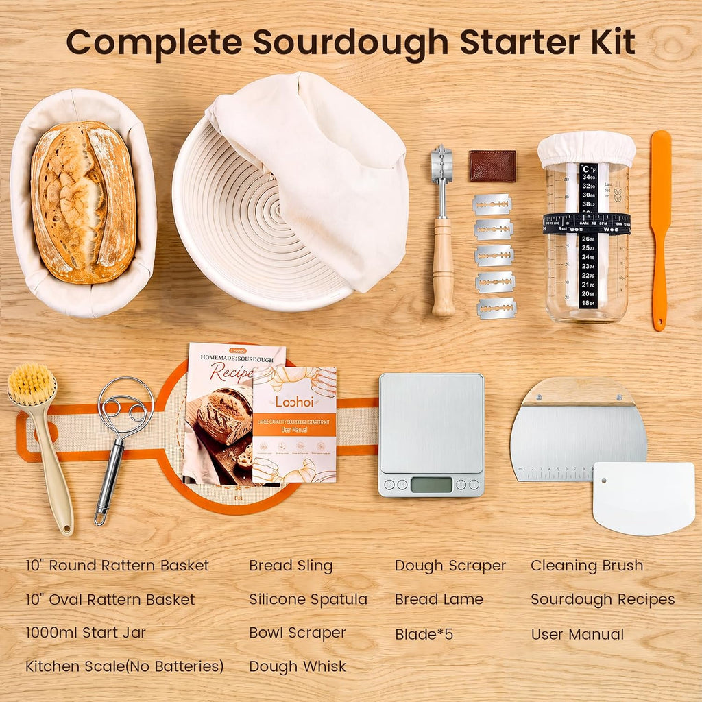 Sourdough Starter Kit with Scale,10" Round and 10" Oval Bread Basket