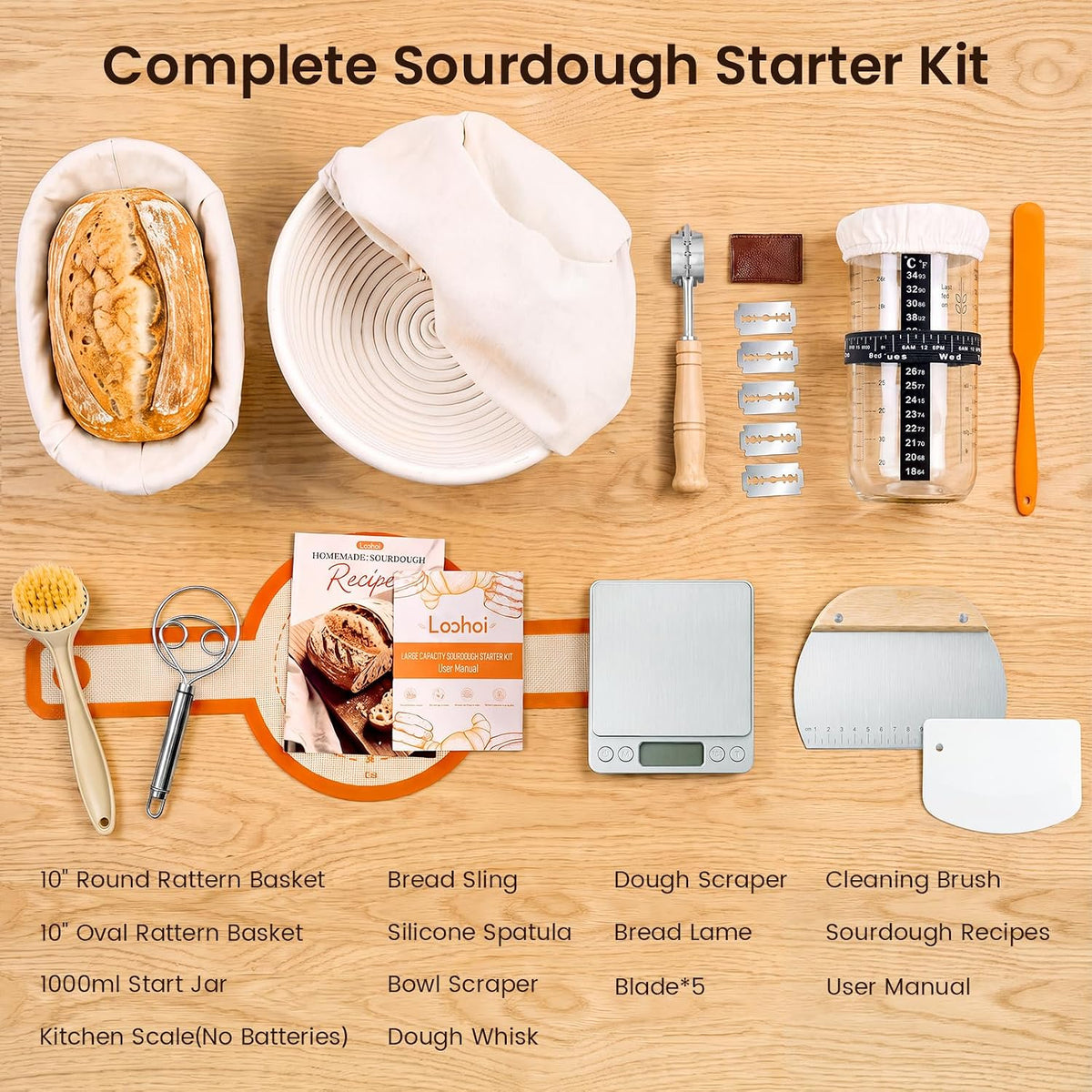 Sourdough Starter Kit with Scale,10" Round and 10" Oval Bread Basket