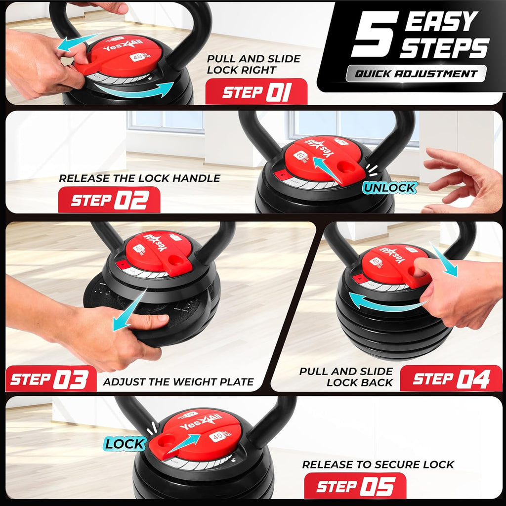 Adjustable Kettlebell Set, 20–40 LB Weight Set, Solid Cast Iron Handle with Spacer Disks & Secure Lock, Space-Saving