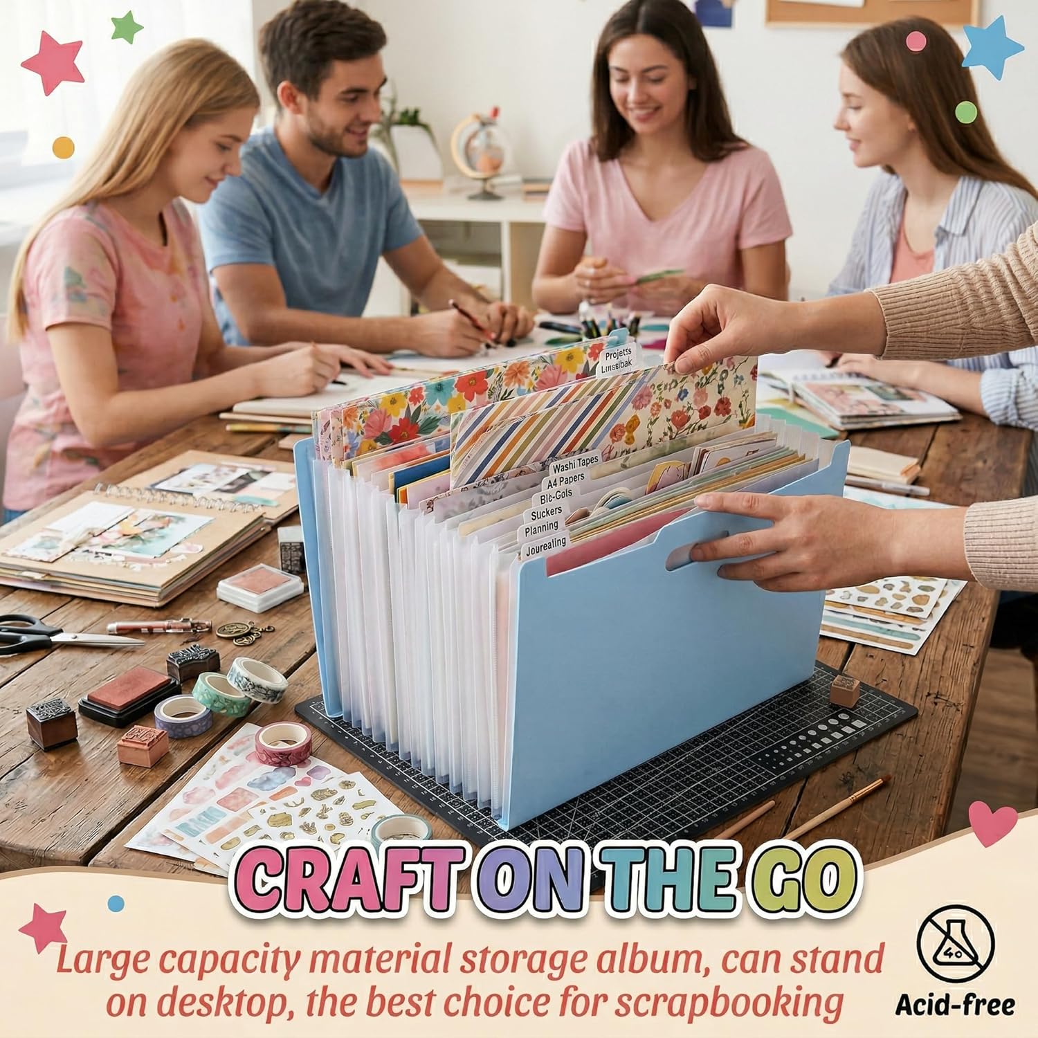 12x12 Scrapbook Paper Storage Organizer, Expandable 13 Pocket Desktop Paper Organizer Storage for Scrapbook