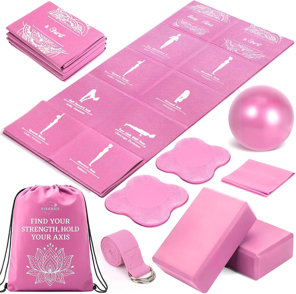 Foldable Yoga Mat and Blocks Set for Women with 2 Pack Yoga Blocks and Strap,Thin Non Slip Pilates Mat with Bag, Home