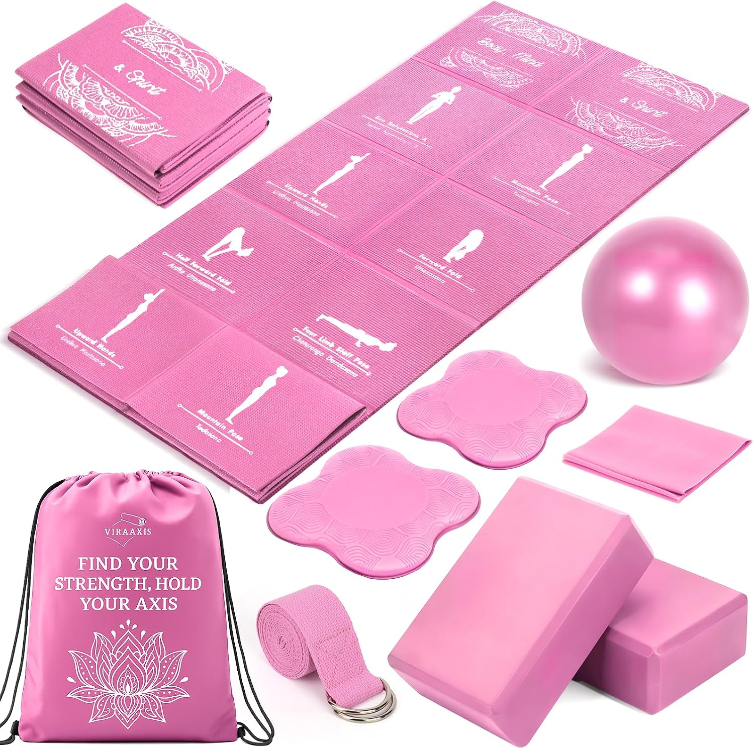 Foldable Yoga Mat and Blocks Set for Women with 2 Pack Yoga Blocks and Strap,Thin Non Slip Pilates Mat with Bag, Home