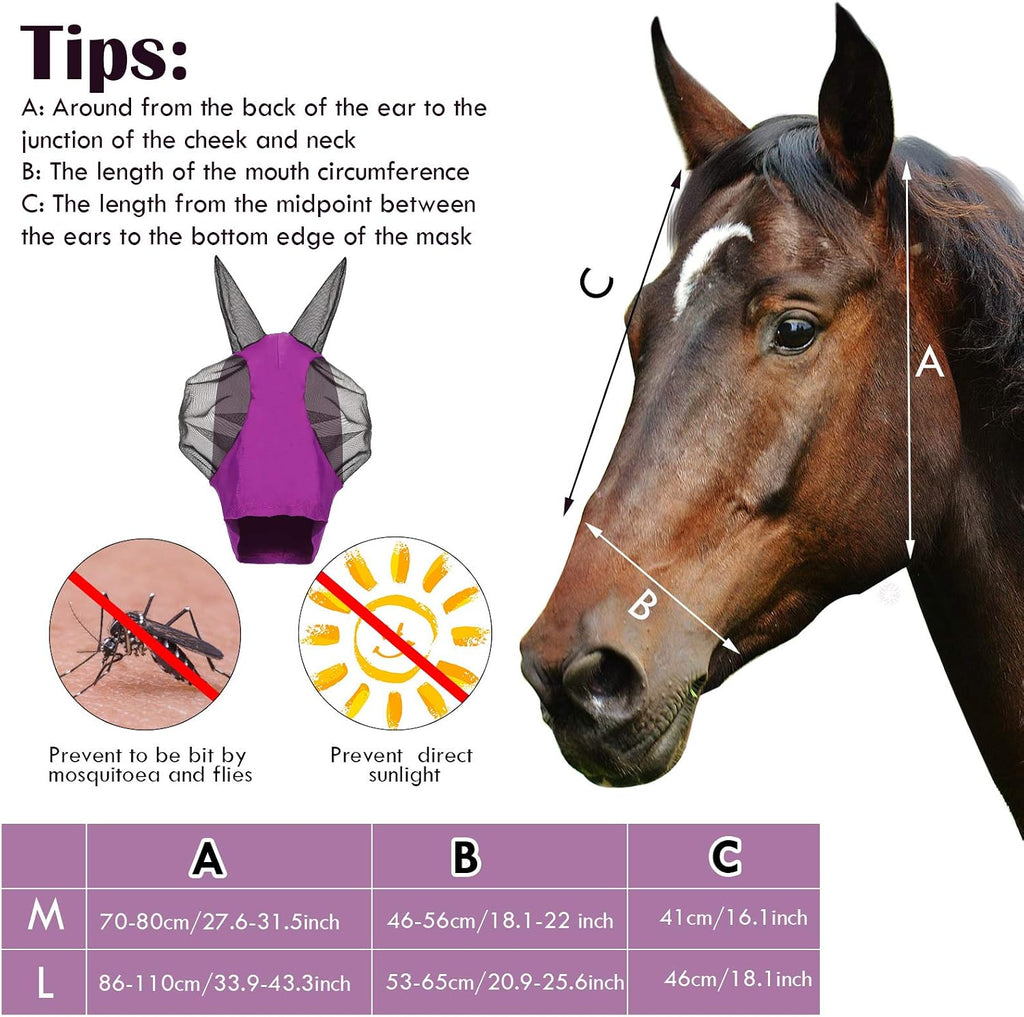 2 Pcs Mesh Horse Fly Mask with Ears, L, Purple, Pink