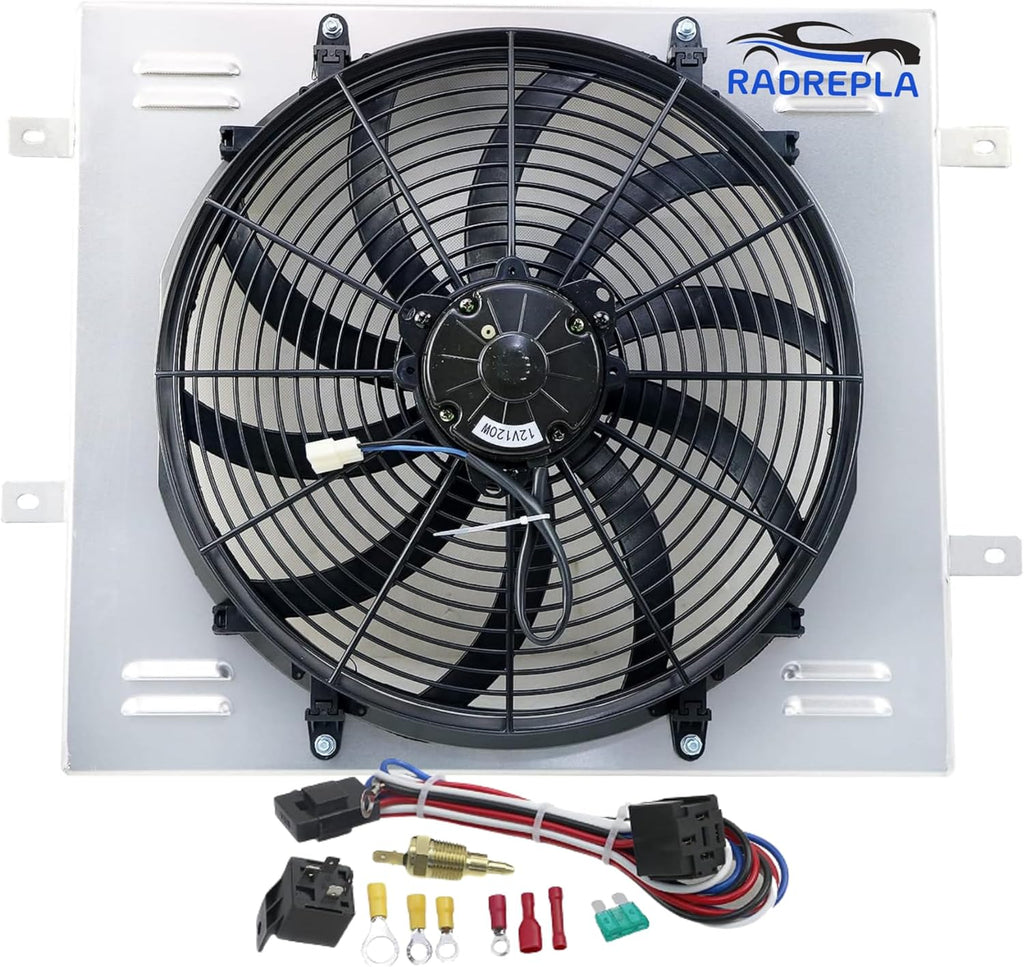 CU2101 Aluminum Radiator Shroud with Electric Fan for 1987-2006 Jeep Wrangler YJ TJ 2.4 2.5L L4 4.0L 4.2L L6 Gas 1x16" Fans Thermostat Relay Kit 89 90 92 93 94 95 96 97 98 99 01 02 03 04 05