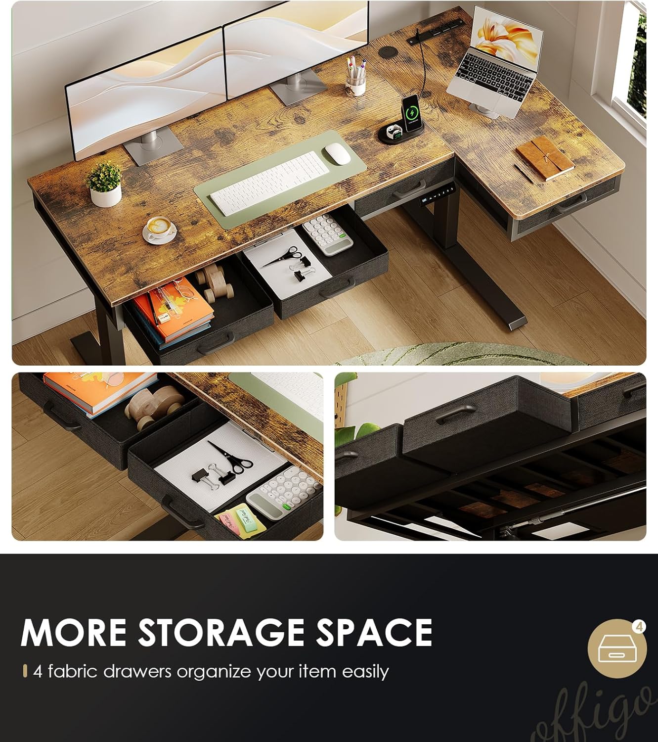 63 Inch L Shaped Electric Standing Desk with Drawers, Height Adjustable Large Desk with Power Outlets, Sit Stand