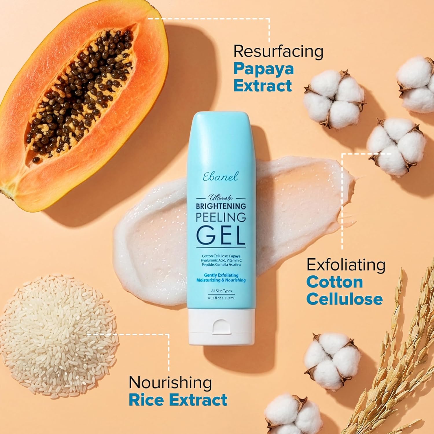 Brightening Peeling Gel with Cellulose, Rice, Papaya, HA, Cica | Gentle Exfoliating Gel Peel for Face and Body, Deep