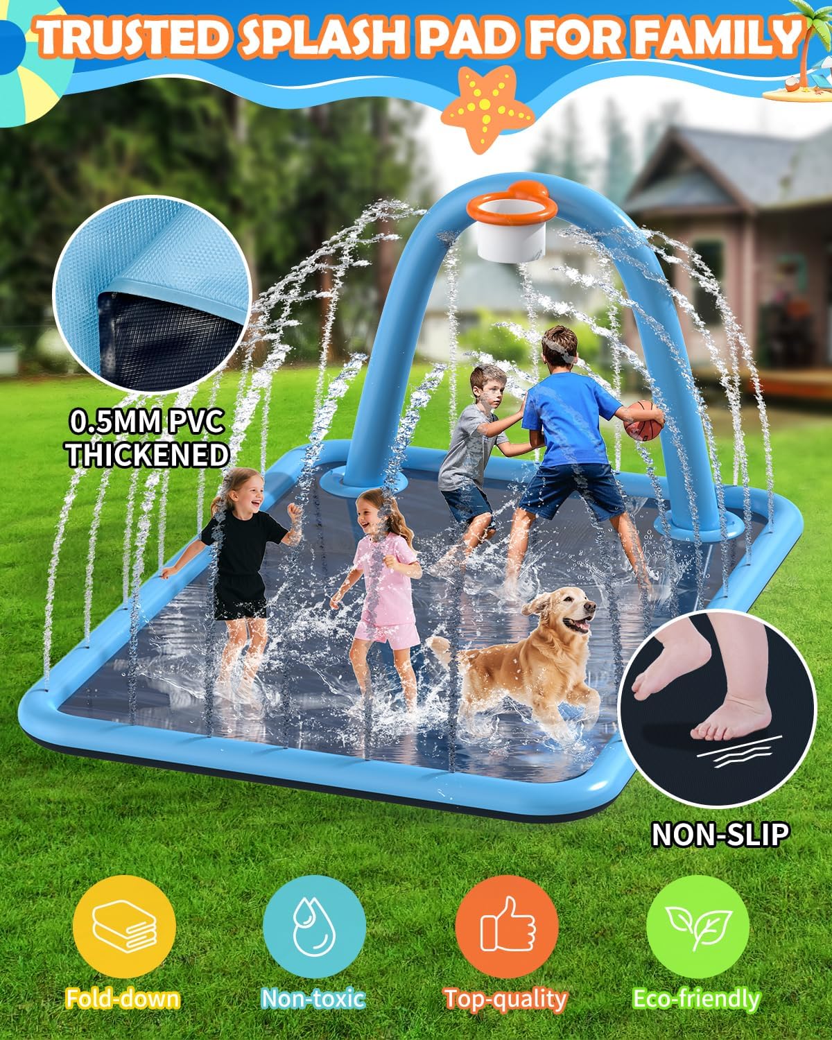 Splash Pad for Kids & Dogs, Large Sprinkler Pad Water Toys with Basketball Hoop, Thickened Non-Slip Splash Mat