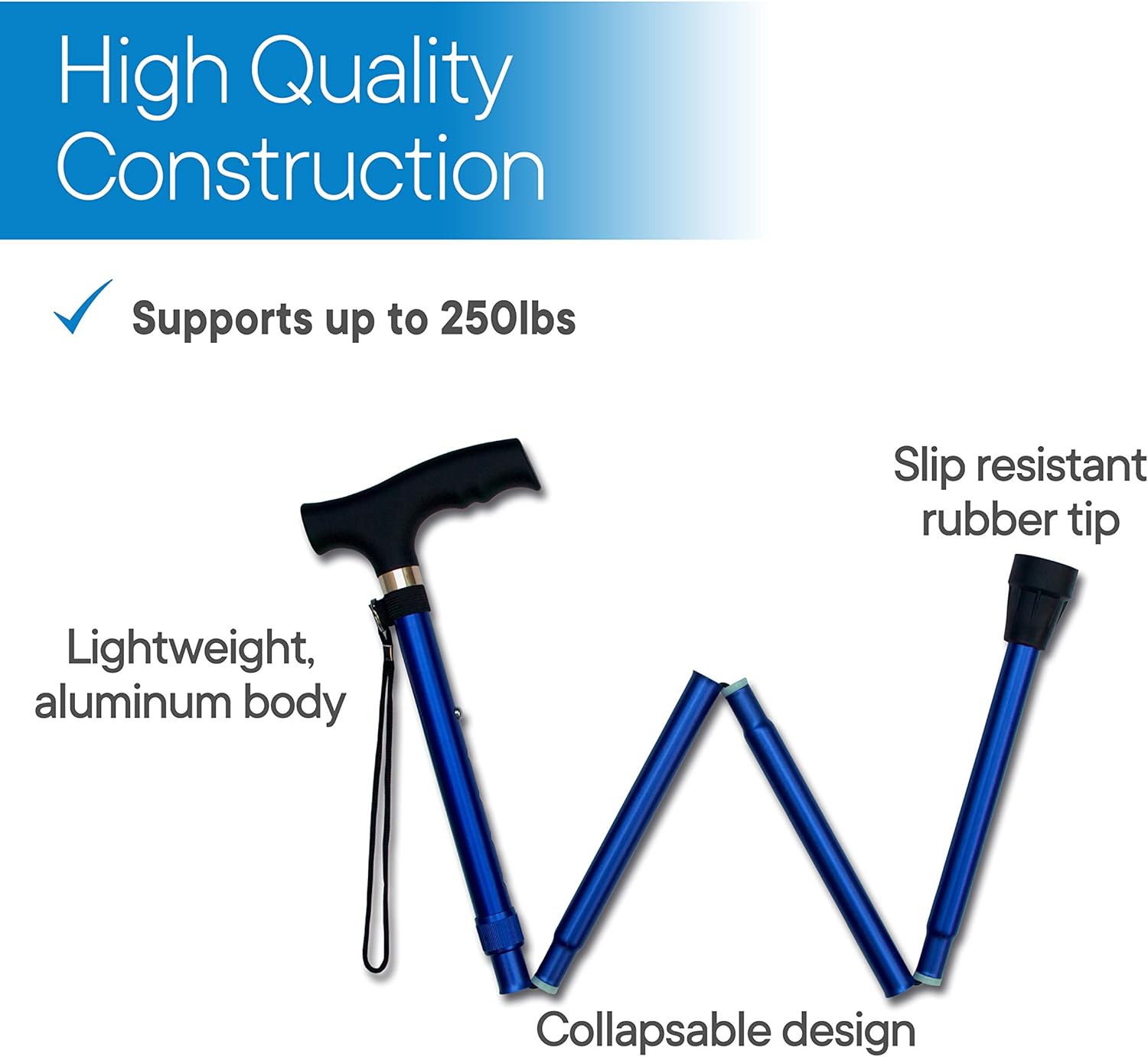 Folding Cane - Foldable Walking Cane with Adjustable Height - Collapsible and Lightweight - Soft Ergonomic Handle for