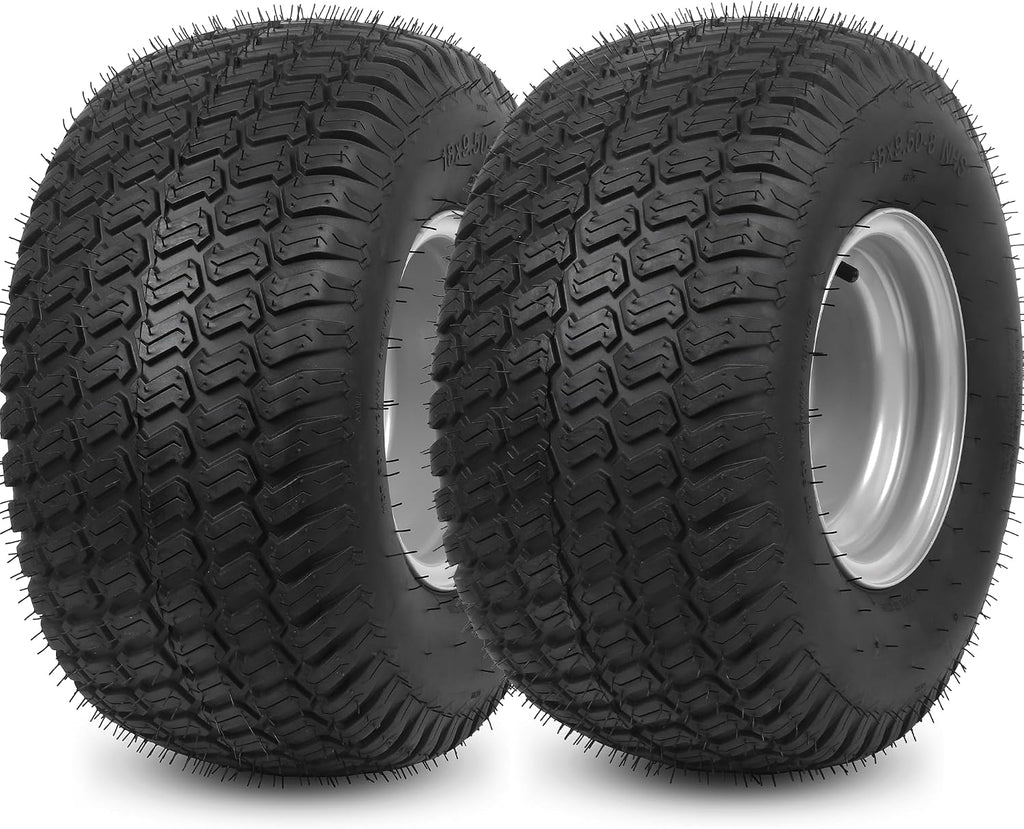 2-Pack 18x9.5-8 Lawn Mower Tire and Wheel Assembly, 4-Ply Tubeless Turf Tires on Silver Rim, 4 Lug 4" Bolt Pattern