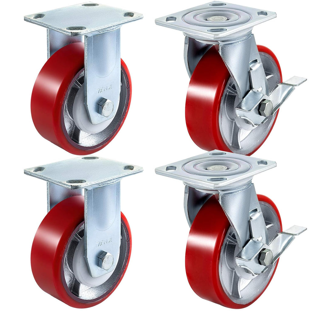 Caster Wheels Set of 4, 6" Heavy Duty Casters (2 Rigid and 2 Swivel Casters with Side Brake) Polyurethane Iron Core
