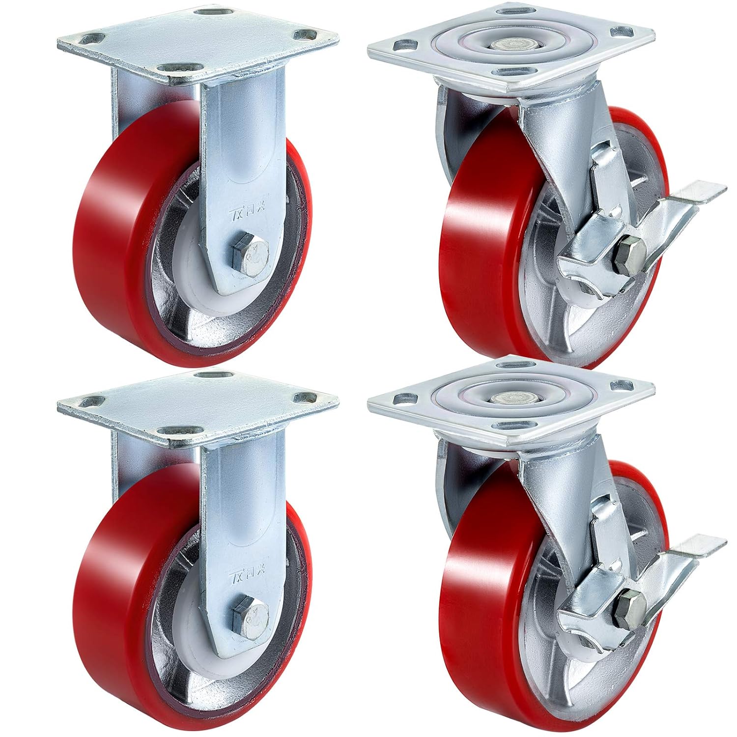 Caster Wheels Set of 4, 6" Heavy Duty Casters (2 Rigid and 2 Swivel Casters with Side Brake) Polyurethane Iron Core