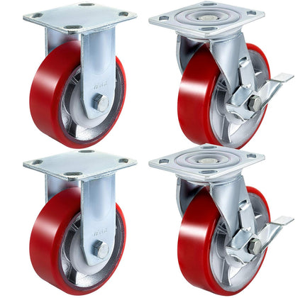 Caster Wheels Set of 4, 6" Heavy Duty Casters (2 Rigid and 2 Swivel Casters with Side Brake) Polyurethane Iron Core
