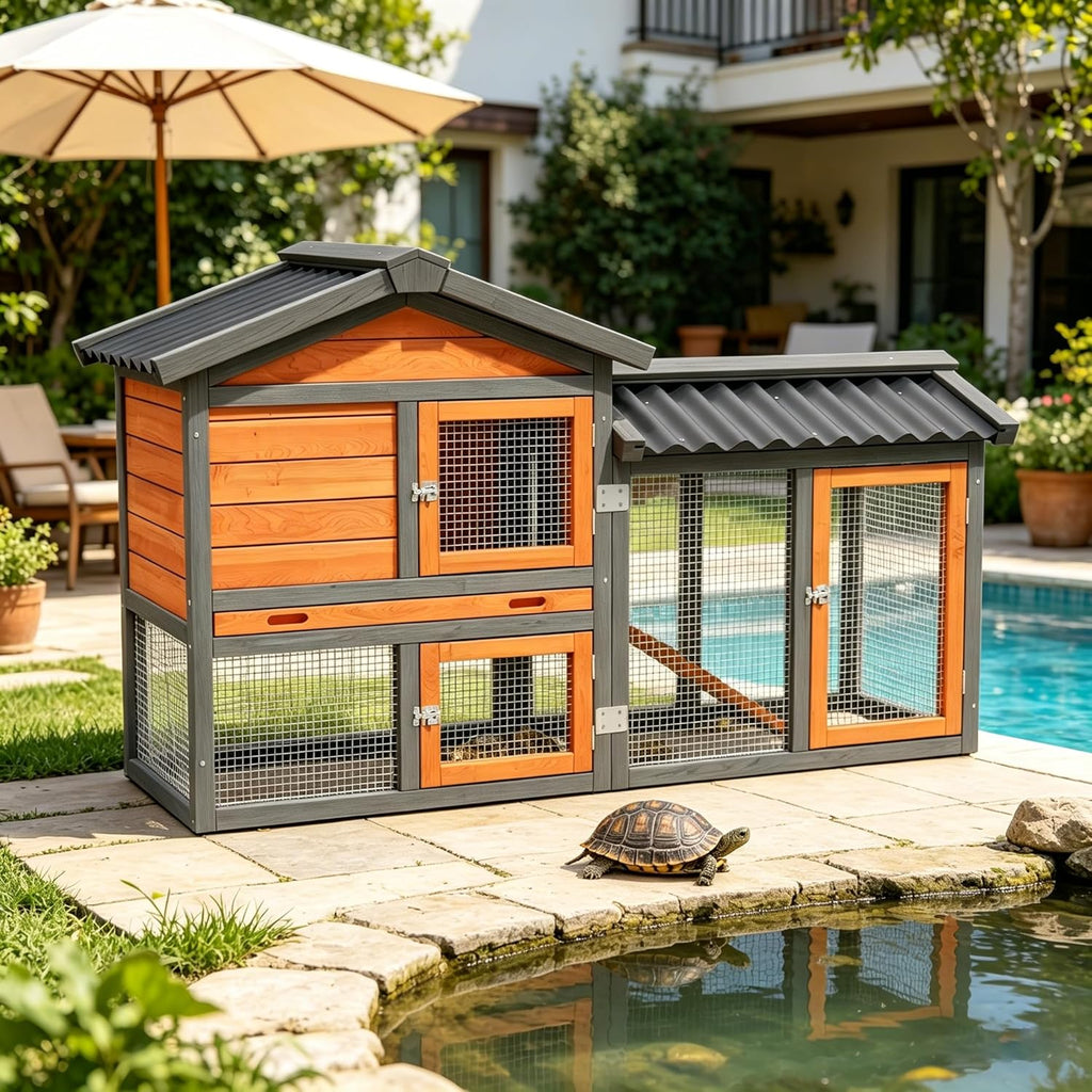 Large Tortoise Habitat House Indoor Outdoor Wooden Turtle Hidden Enclosure with Ventilating Wire Fence Reptile Lounge