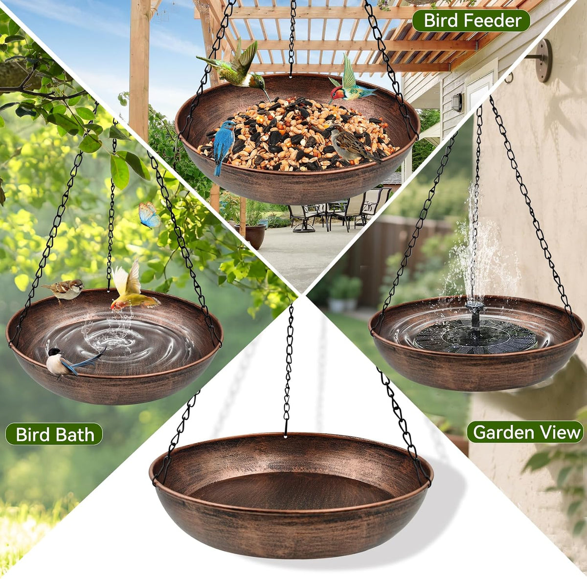 12" Metal Hanging Bird Bath with Chains and Hook