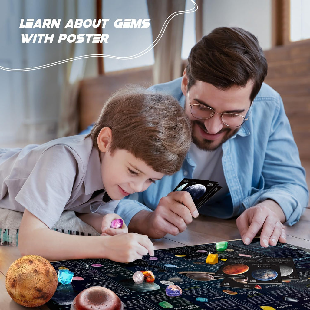 Gemstone Dig Kit - 40 Real Gems & Crystals, STEM Toy for Kids 6+ | 8 Planets Solar System Digging Kit, Mining Tools &