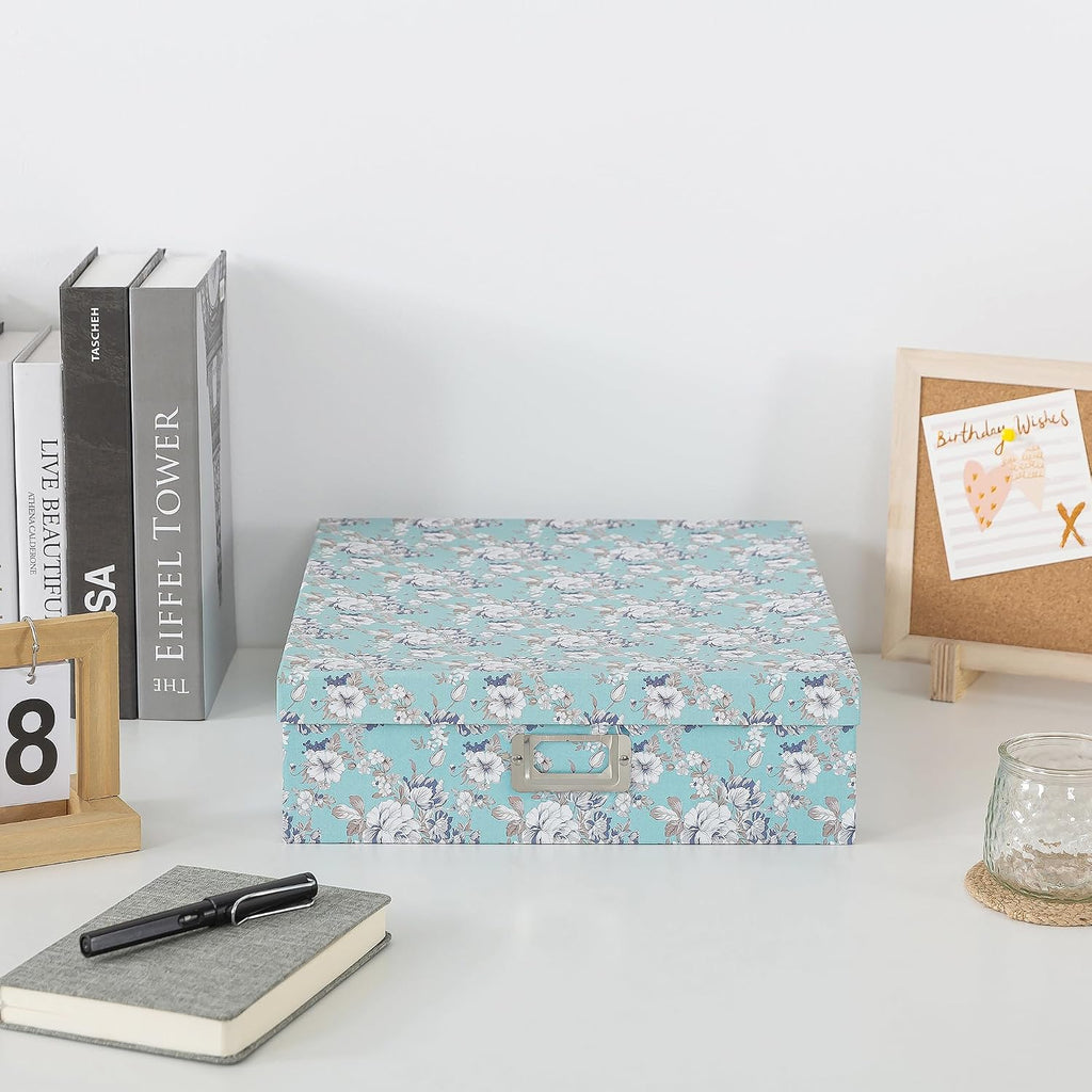 Floral Photo Storage Box, 14.8x13x3.7 In, Blue Cottage