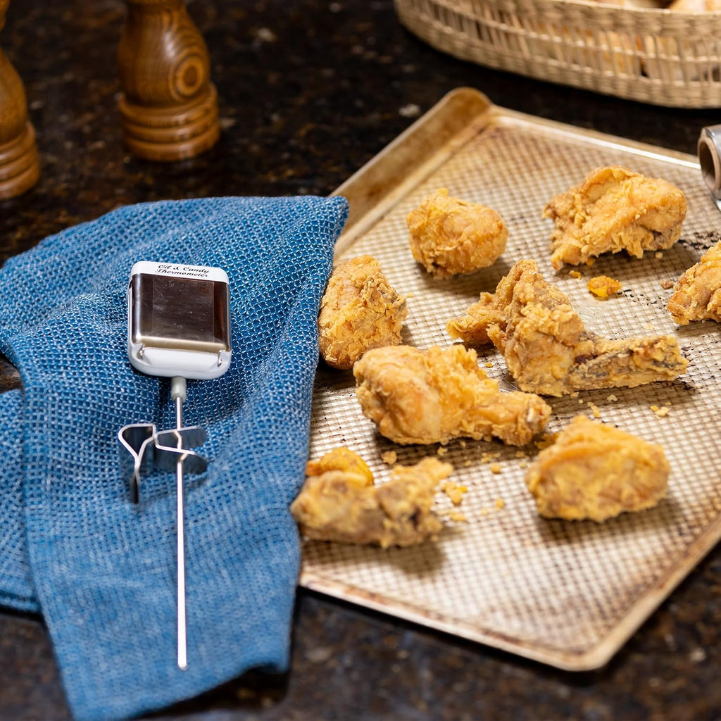 Digital Deep Fry & Candy Thermometer,14 Pre-Programmed Settings, 8 inch Stainless Steel Probe, Fold-Up Splatter