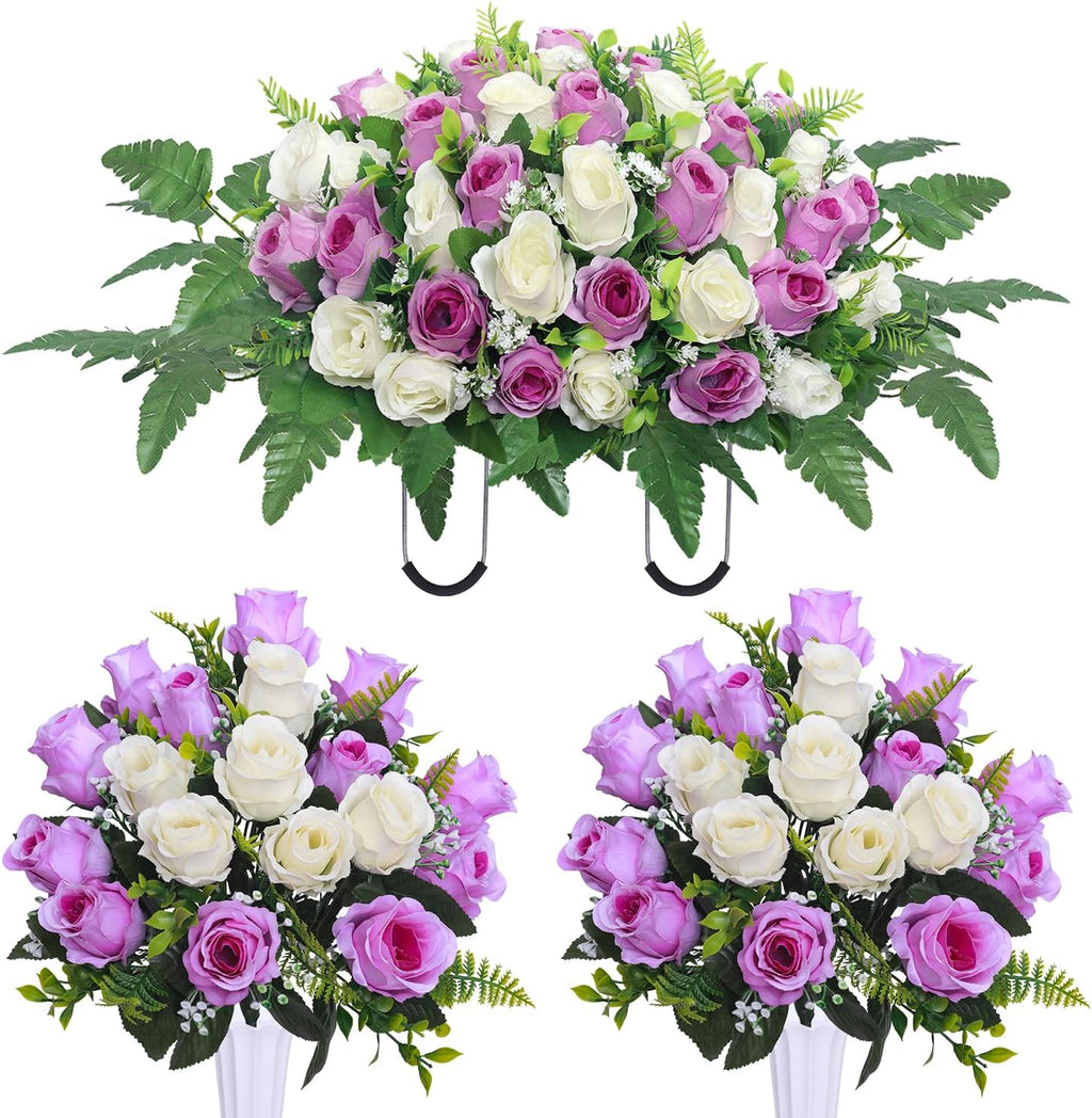 Artificial Cemetery Flower Saddles, Cemetery Memorial Flowers with Vase,Outdoor Grave Saddle Headstone Decorations