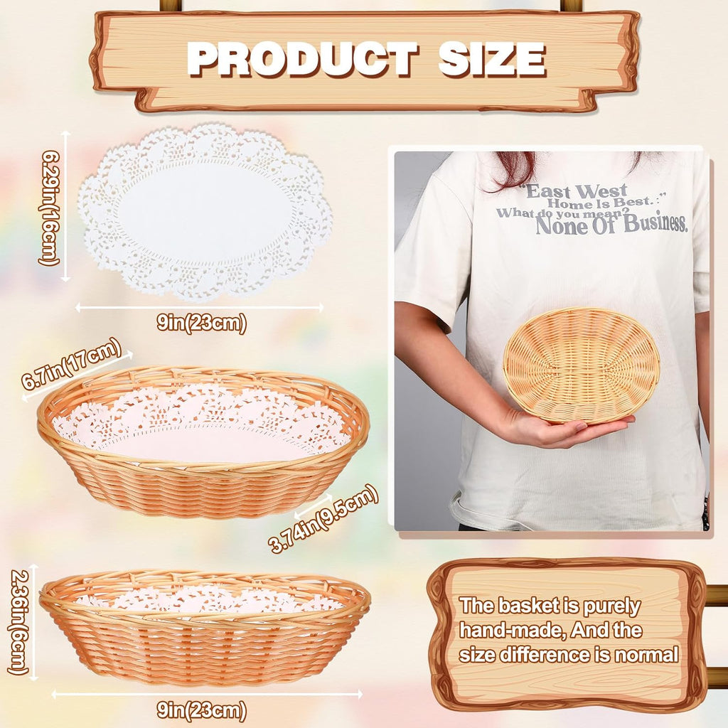 16 Pcs Oval Small Plastic Wicker Bread Basket 2.36 x 9 x 6.7 Inch Woven Food Fruit Storage Basket Bulk for Serving