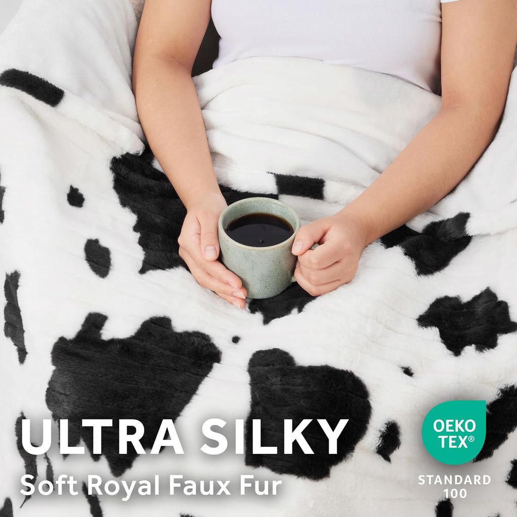 Heated Throw Blanket Faux Fur 4 Heat Cow Print 50x60