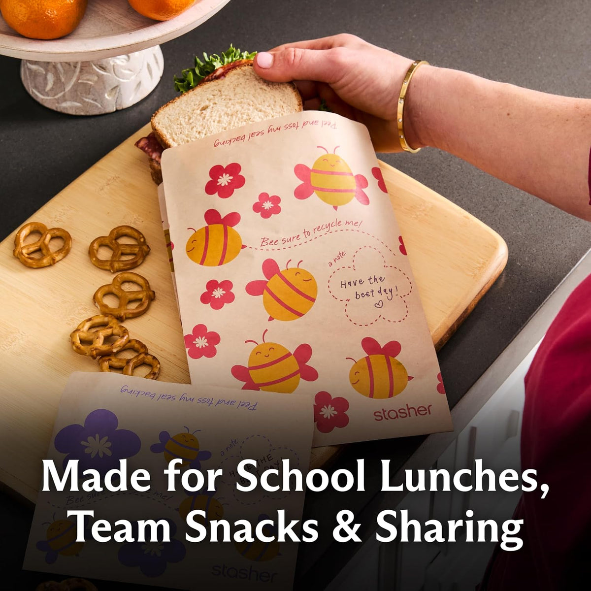 Recyclable Sealable Paper Sandwich Bags for Kids, 50 ct, Bee