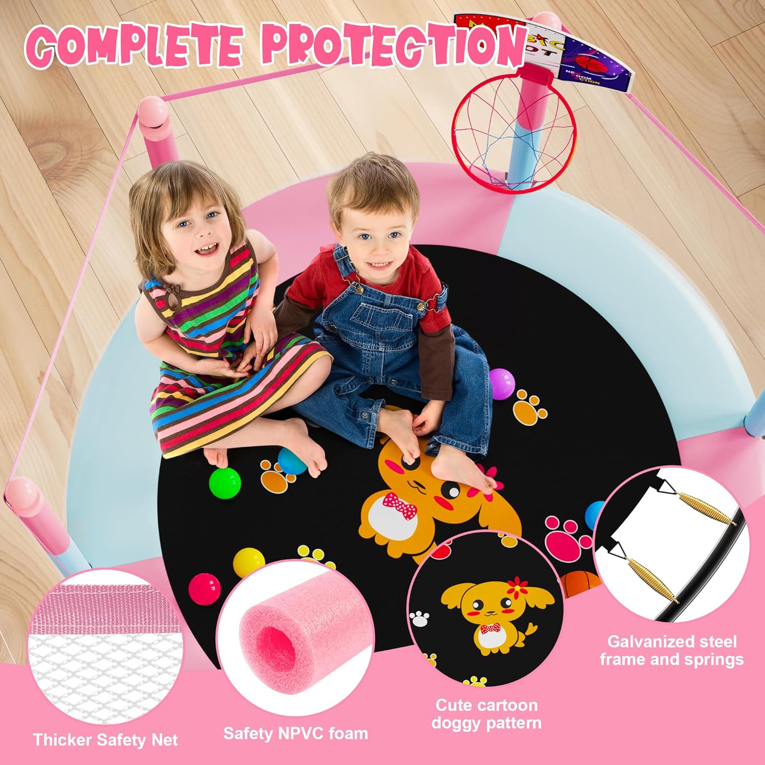 60" Trampoline for Kids, 5 FT Indoor & Outdoor Toddler Baby Trampoline with Basketball Hoop, Safety Enclosure