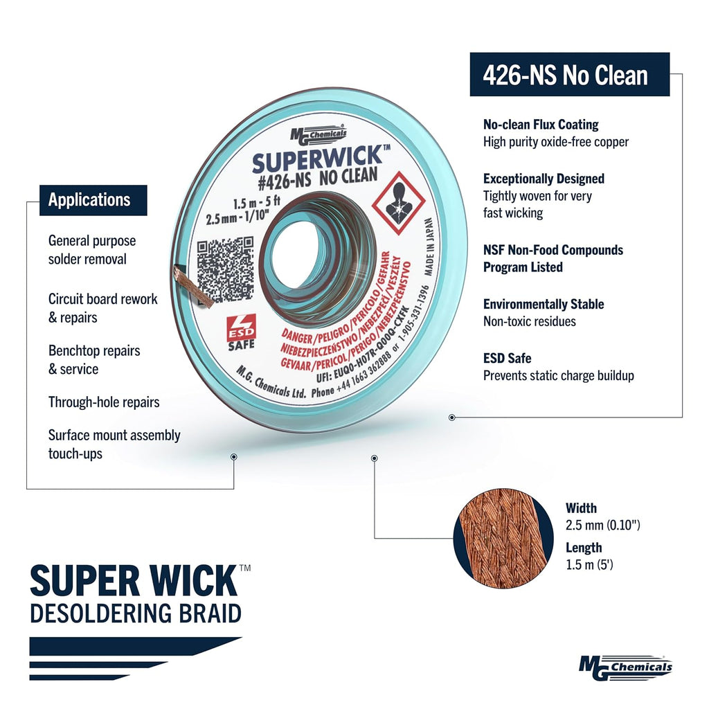 MG Chemicals 426-NS #4 No Clean Super Wick Desoldering Braid, 0.1" Width x 5' Length, Blue