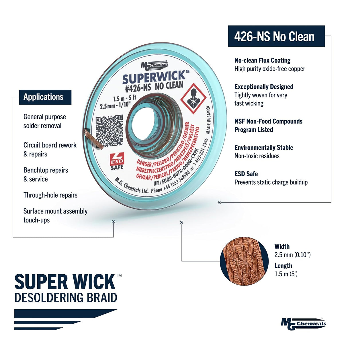 MG Chemicals 426-NS #4 No Clean Super Wick Desoldering Braid, 0.1" Width x 5' Length, Blue
