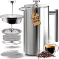 304 Grade Stainless Steel French Press 34 Oz, Silver | Double Wall Insulated Coffee Press with 4-Level Filtration