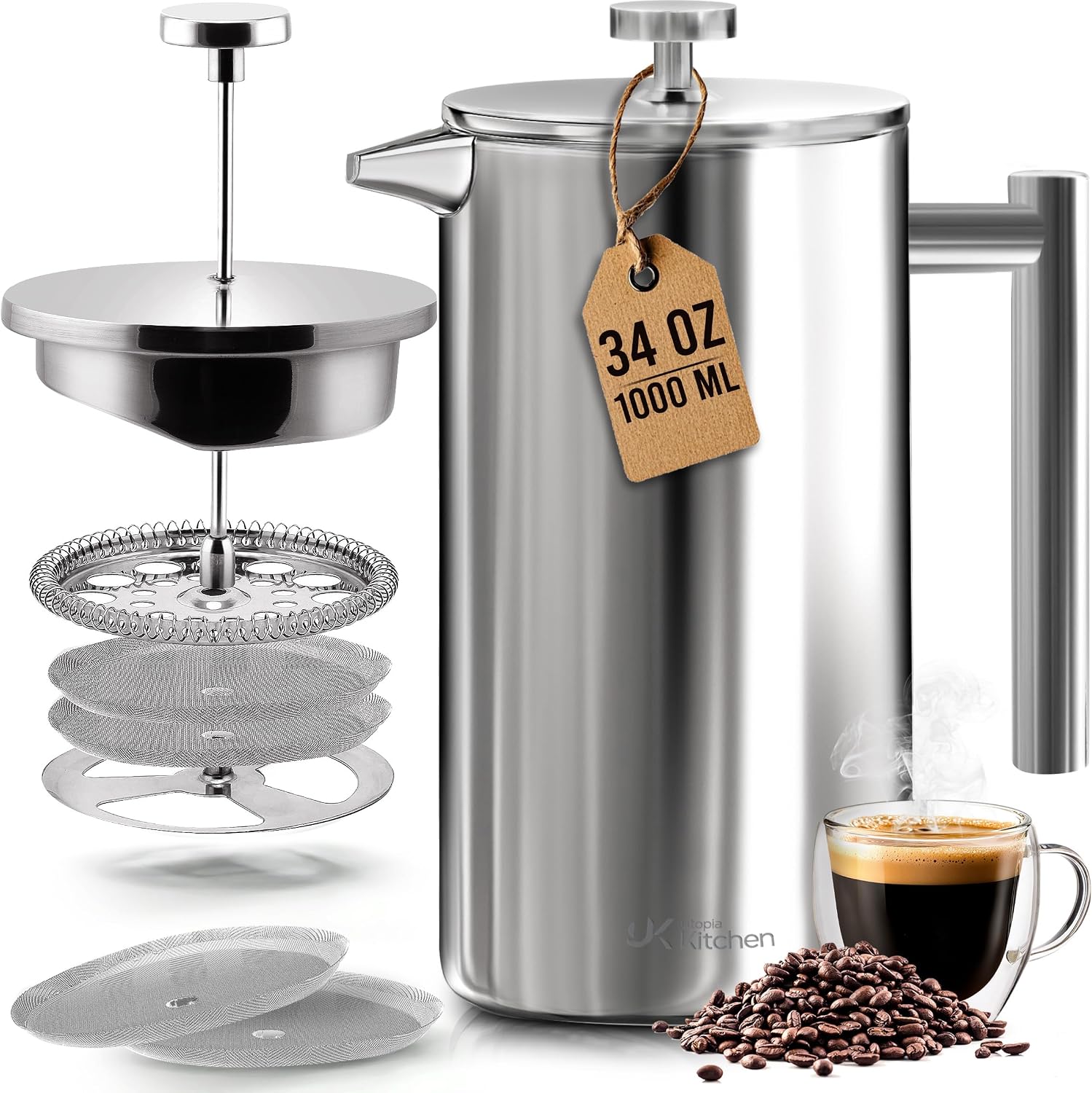 304 Grade Stainless Steel French Press 34 Oz, Silver | Double Wall Insulated Coffee Press with 4-Level Filtration