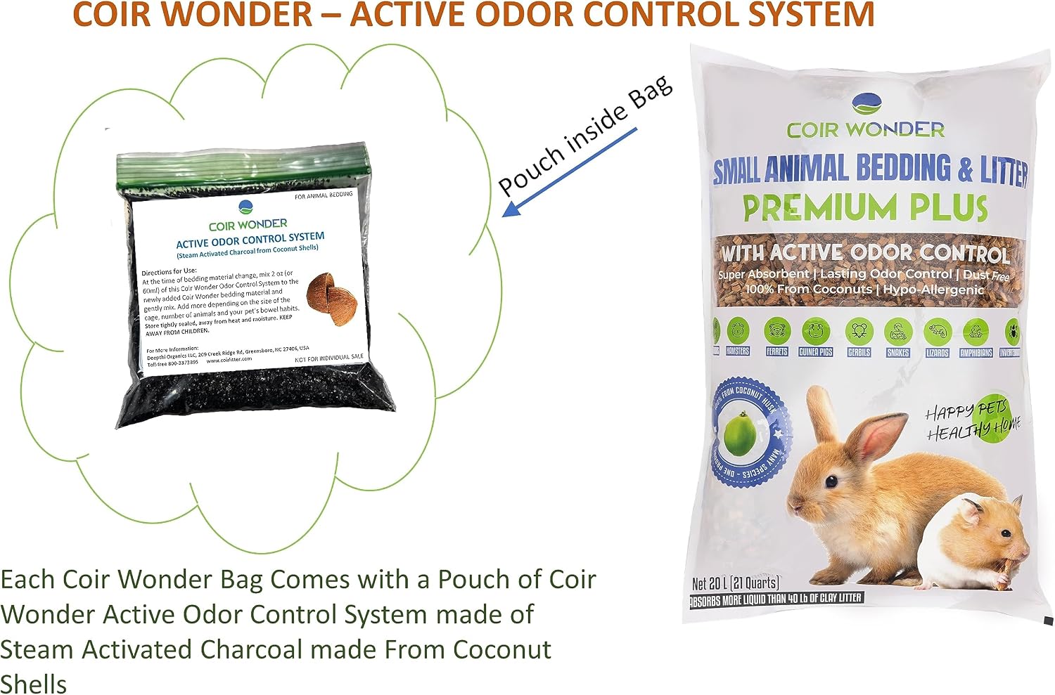 Small Animal Bedding – 20 L –– Coco Chip Fiber Bedding Substrate for Guinea Pig, Hamster, Rabbit, Bunny Litter