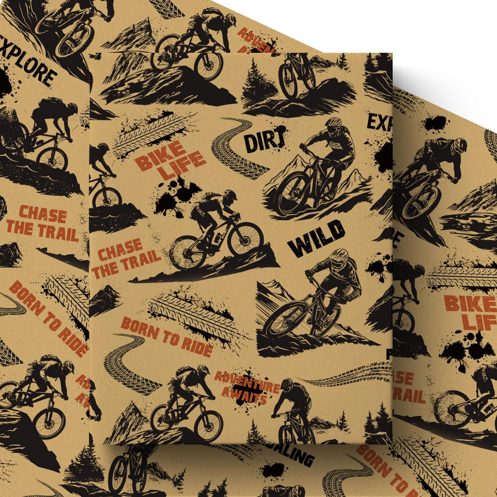 Mountain Bike Kraft Wrapping Paper Roll, Dirt Bike Life Gift Wrap for Cycling Lover, Birthday, Outdoor Party, 17 Inch