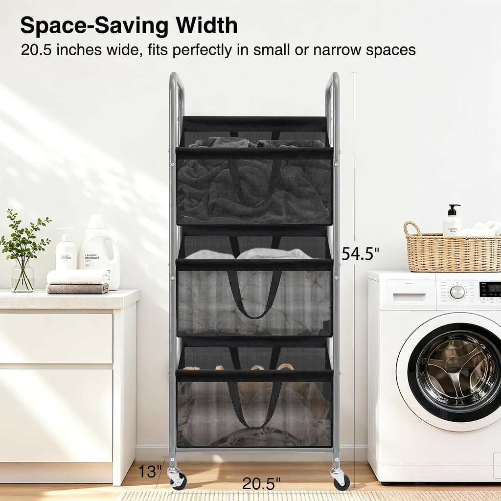 3-Tier Vertical Rolling Laundry Hamper, Removable Bags, Black Mesh | 120L Capacity, Space-Saving Vertical Design