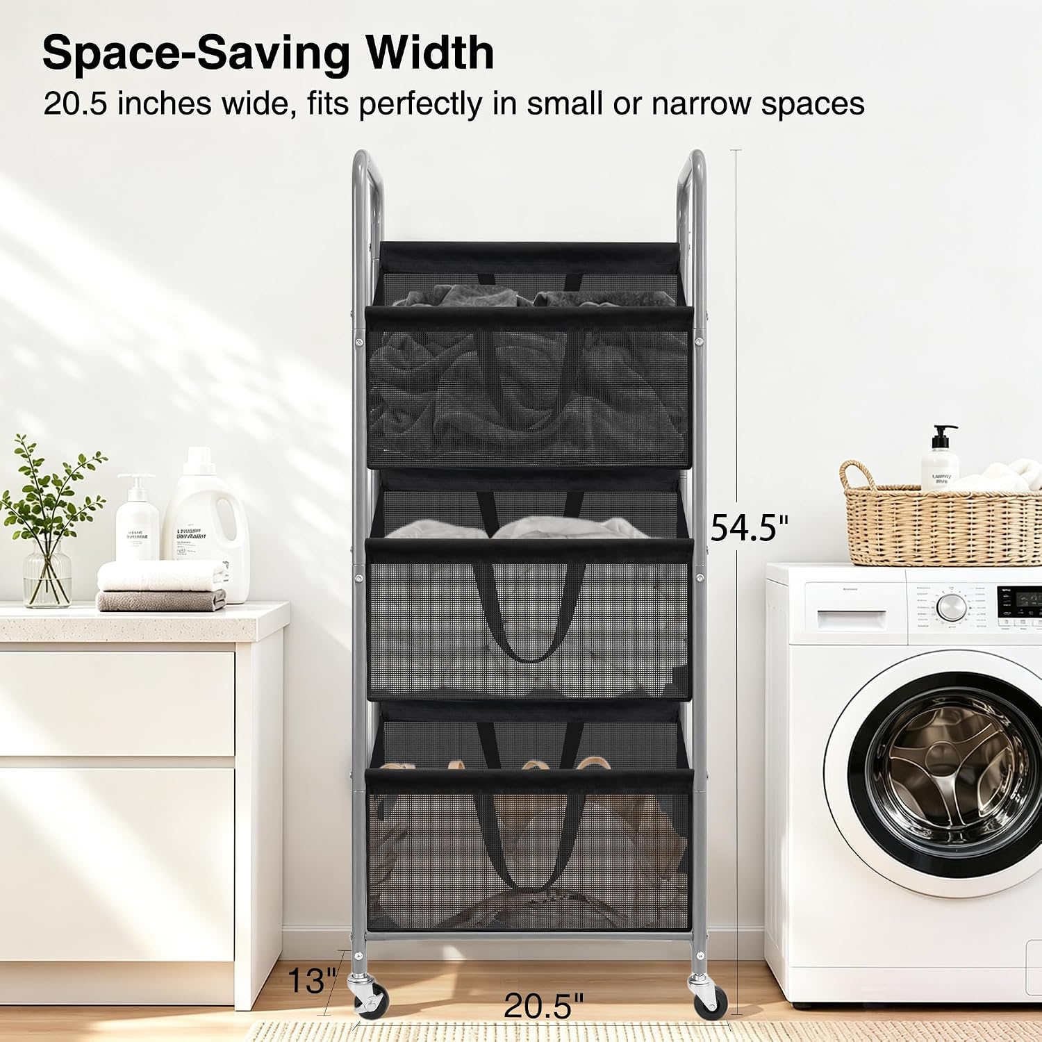 3-Tier Vertical Rolling Laundry Hamper, Removable Bags, Black Mesh | 120L Capacity, Space-Saving Vertical Design
