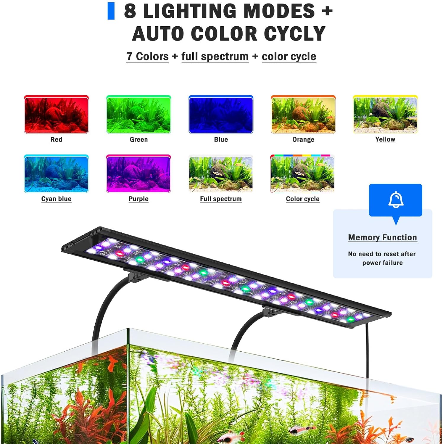 Clip On Aquarium Light, 24/7 & DIY Mode Full Spectrum Fish Tank Light | Adjustable Timer & Brightness, Memory