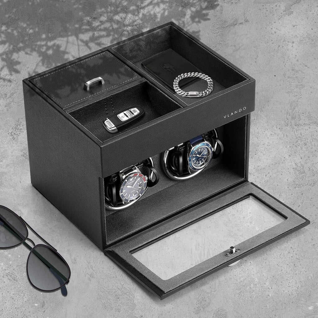 Automatic Double Watch Winder for Men - Watch Winder Box with Jewelry Organizer Tray for Father Husband Dad, Japanese