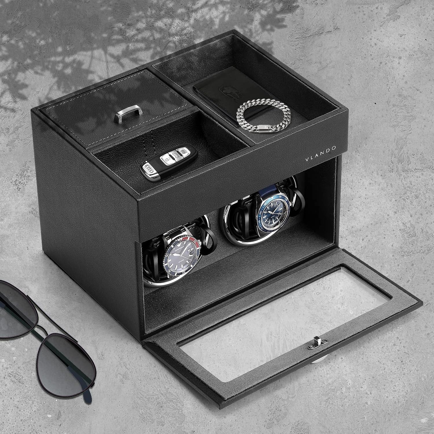Automatic Double Watch Winder for Men - Watch Winder Box with Jewelry Organizer Tray for Father Husband Dad, Japanese