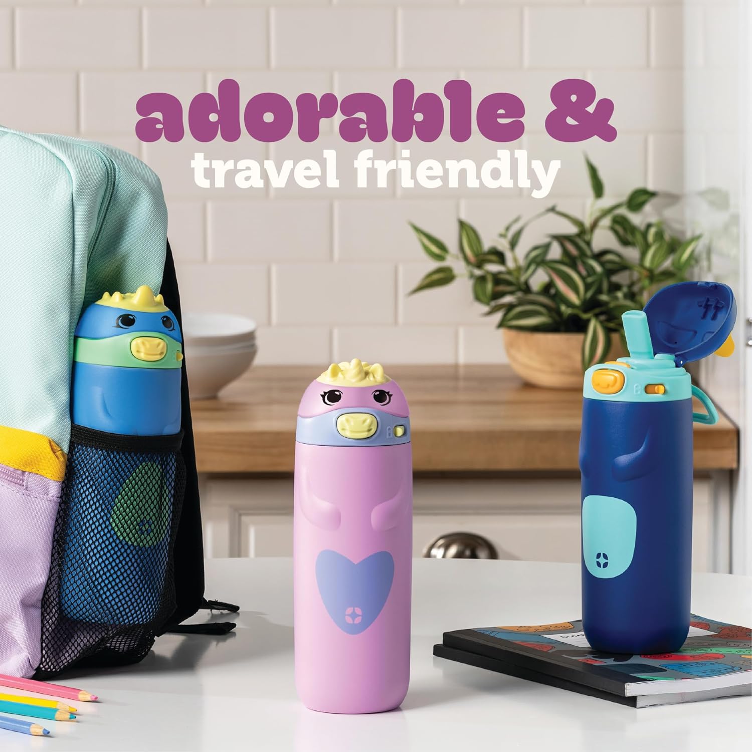 Ellies 12oz Stainless Steel Leakproof Kids Water Bottle, Cat | Insulated kids water bottle with straw, leakproof